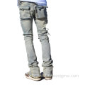 Custom Acid Wash Distressed Flare Stacked Jeans Pants